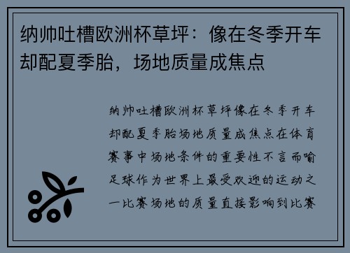 纳帅吐槽欧洲杯草坪：像在冬季开车却配夏季胎，场地质量成焦点