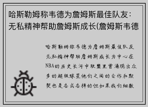 哈斯勒姆称韦德为詹姆斯最佳队友：无私精神帮助詹姆斯成长(詹姆斯韦德最精彩的比赛)