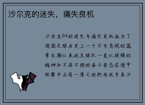 沙尔克的迷失，痛失良机