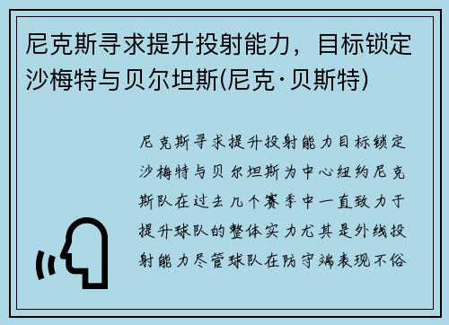 尼克斯寻求提升投射能力，目标锁定沙梅特与贝尔坦斯(尼克·贝斯特)