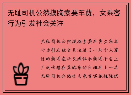 无耻司机公然摸胸索要车费，女乘客行为引发社会关注