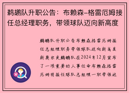 鹈鹕队升职公告：布赖森-格雷厄姆接任总经理职务，带领球队迈向新高度