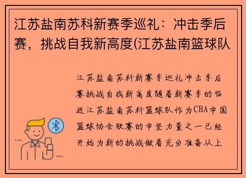 江苏盐南苏科新赛季巡礼：冲击季后赛，挑战自我新高度(江苏盐南篮球队队员名单)