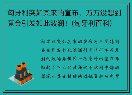 匈牙利突如其来的宣布，万万没想到竟会引发如此波澜！(匈牙利百科)
